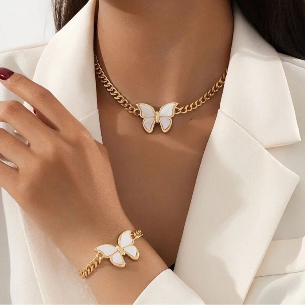 3for$20 1pc Vintage Stylish Butterfly Pendant Chunky Chain Necklace Bracelet